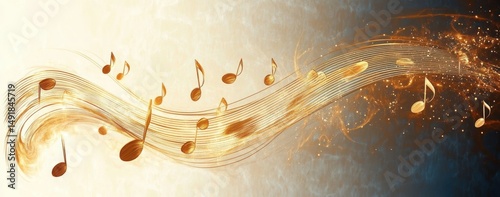 Golden musical notes flowing along curved staves with energetic swirling light effects on a textured background evoking movement and harmony