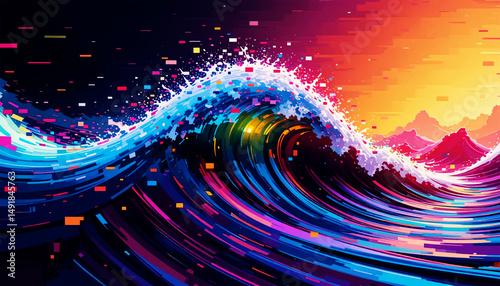 Abstract fractal design with colorful glowing lines in motion creates a bright