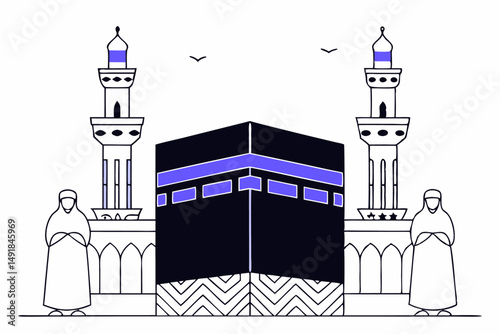 Explore the architectural magnificence of the black Kaaba set against a serene backdrop highlighting traditional Islamic temple design and holy ambiance