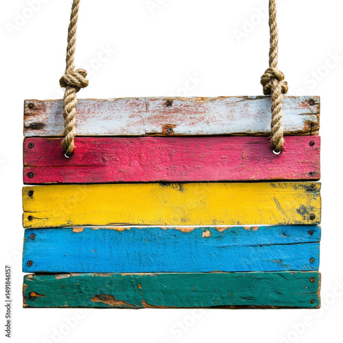 Colorful wooden sign hanging on rope rustic weathered planks