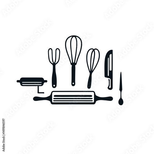 Collection of Kitchen Utensils Including Pasta Machine, Whisks, Rolling Pin, Knife, and Spoon, Essential Culinary Tools, Minimalist Vector