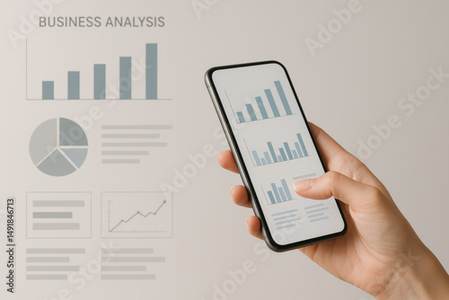 Hand holding smartphone displaying business analysis and growth graphs