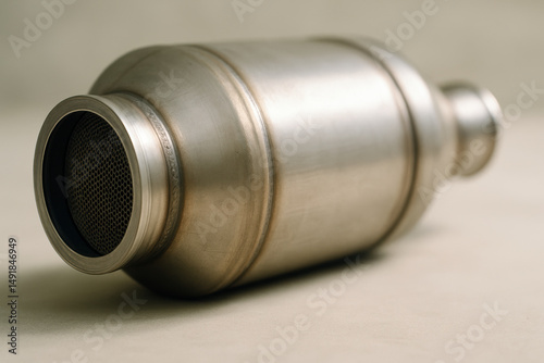 Close up of a catalytic converter displaying stainless steel construction and mesh filter design