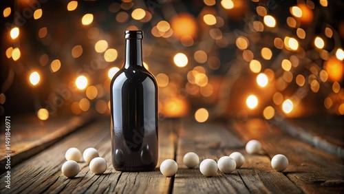 Miniature Still Life: Black Bottle & White Spheres, Tilt-Shift Photography