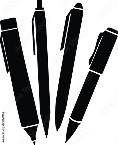 "Silhouette of Ballpoint Pens – Black Ink Pen Vector Set Illustration"