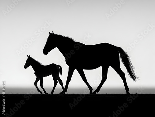 A majestic mare and her adorable foal gracefully stroll across a sun-drenched plain silhouetted against a bright sky creating a stunning monochrome