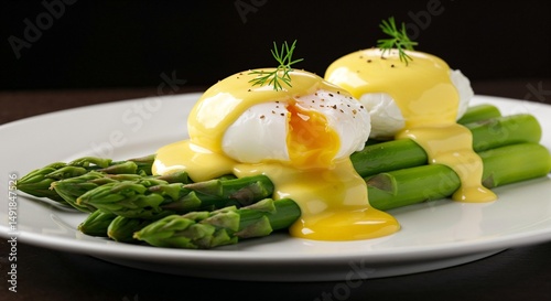 Eggs Benedict with asparagus and hollandaise sauce for breakfast menu photography, recipe blogs, brunch advertising and healthy eating websites photo