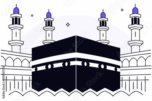 Exquisite illustration of the holy Kaaba with surrounding minarets rendered in high detail perfect for religious publications or design projects focused on Hajj