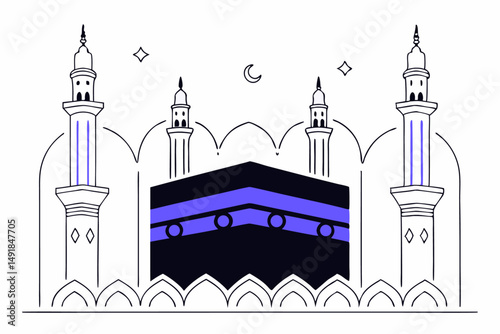 Intricate and artistic rendering of the Kaaba and its minarets capturing religious significance in a beautifully detailed style ideal for Islamic design projects
