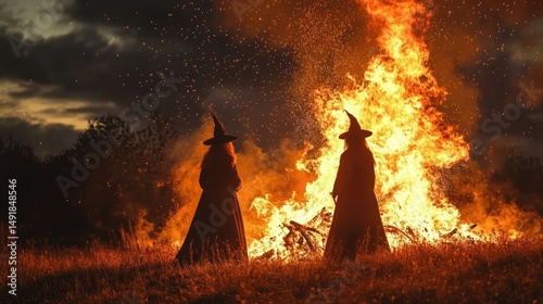 Wallpaper Mural Two figures in witch costumes standing near a large bonfire at dusk with sparks flying and dramatic smoky sky in the background Torontodigital.ca