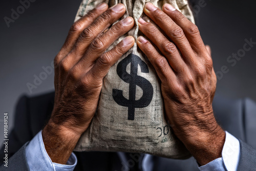 Banker hiding signs of financial collapse symbolizing crisis concealment, failure, and economic instability