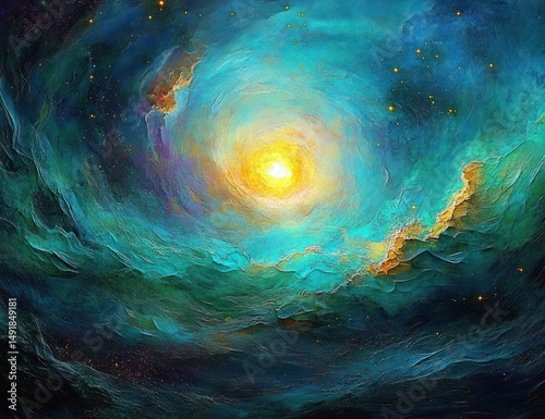Vibrant swirling cosmic scene with a glowing bright yellow light core surrounded by textured turquoise and dark blue nebulous clouds and scattered golden stars
