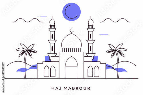 Elegant digital art focused on Haj Mabrour with Islamic symbols and architecture to represent the spiritual significance of the sacred pilgrimage