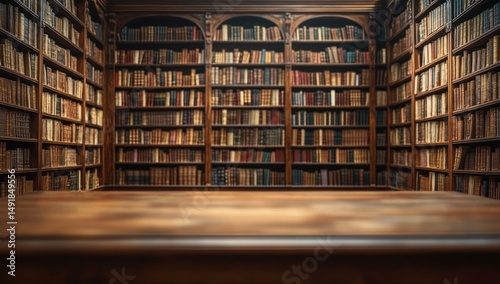 Interior of a classic library filled with numerous tall wooden shelves packed with old leather-bound books creating a warm and scholarly atmosphere
