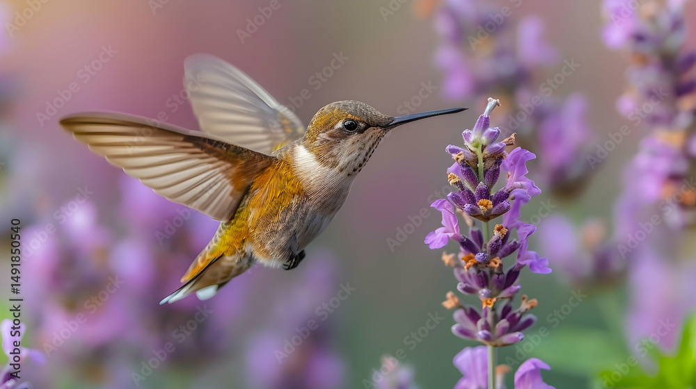 Fototapeta premium Hummingbird feeding lavender flowers.