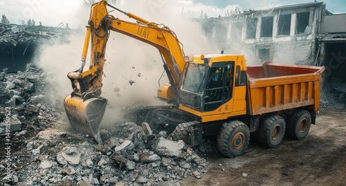 yellow excavator loading debris into large dump truck at demolition site with dust and ruined building in background
