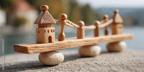 wooden bridge with castle and figures symbolizes reciprocal connections and balance of tariff negotiations