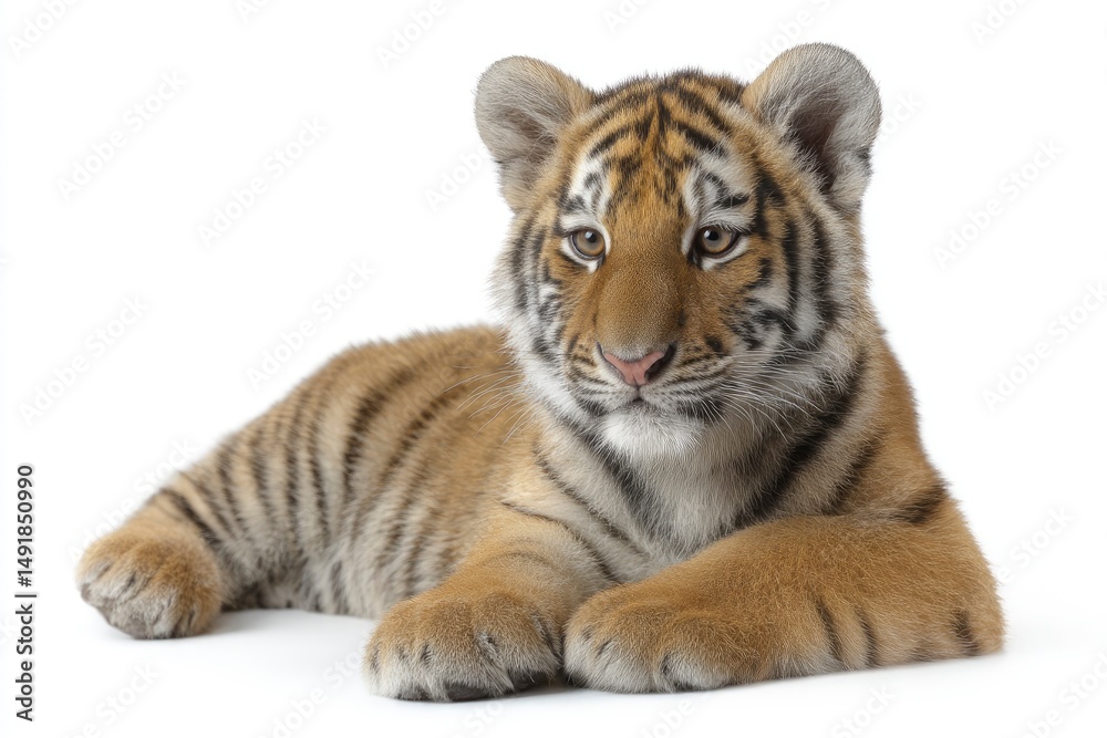 Fototapeta premium Resting Tiger Cub on White Background in Studio Light