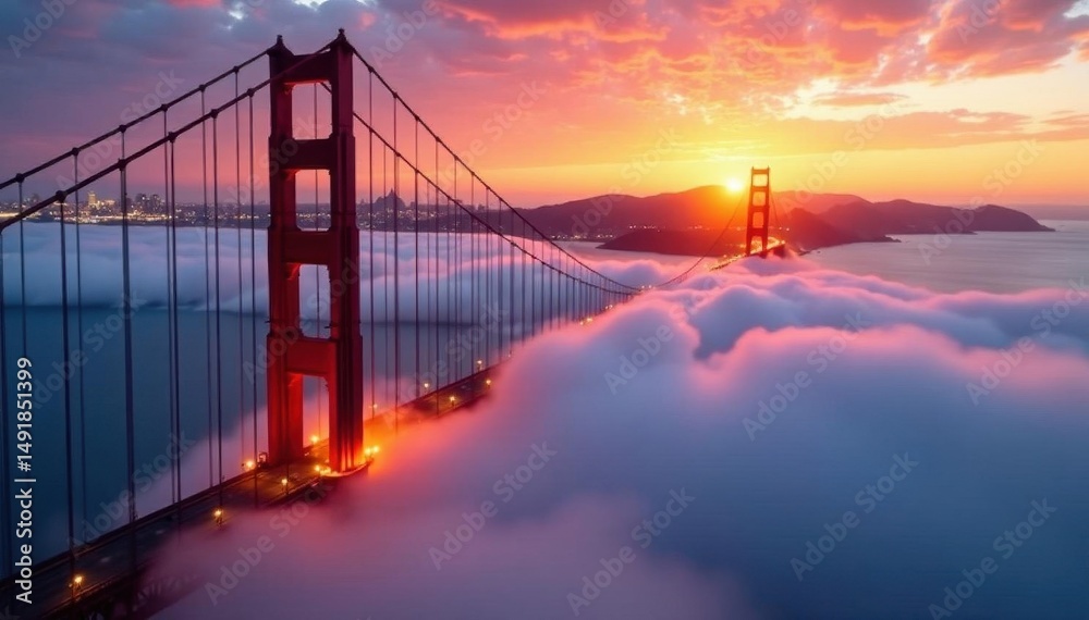 Fototapeta premium Sunrise paints the Golden Gate Bridge, clouds swirl below , nature, vista, rays