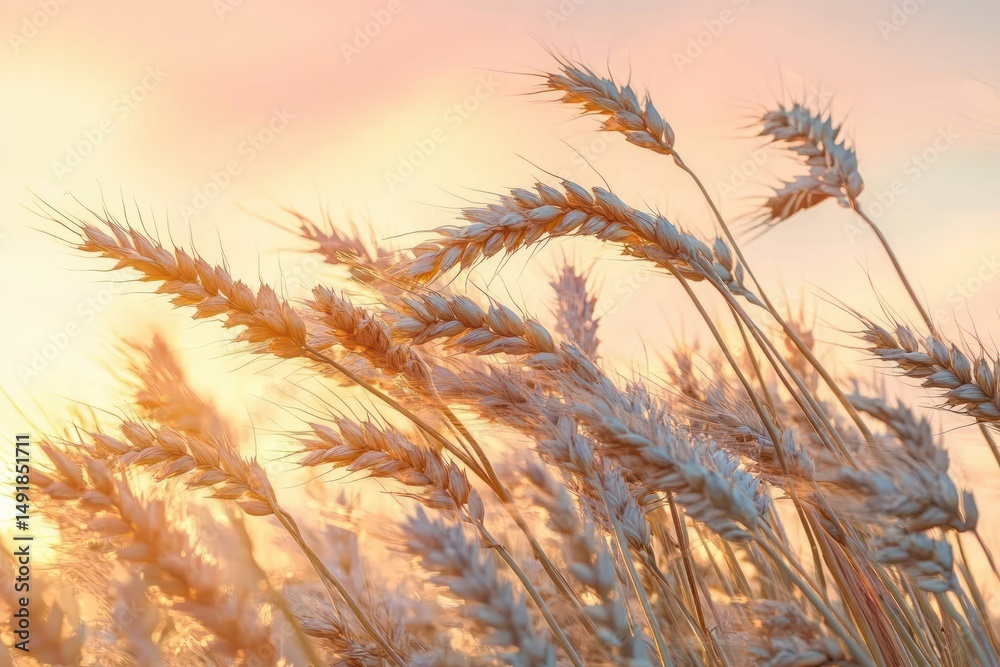 Obraz premium Close-up of ripe golden wheat stalks softly illuminated by the warm glow of a setting sun in a peaceful rural field