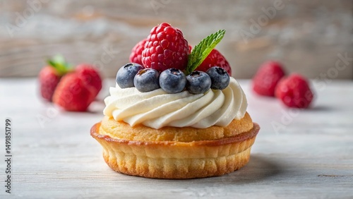Minimalist Pastry Closeup: Whipped Cream, Blueberries, Raspberries