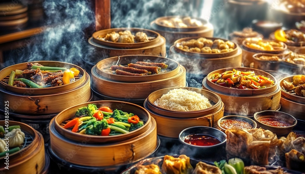 Fototapeta premium Chinese dim-sum in bamboo steamers on wooden table with rising steam.