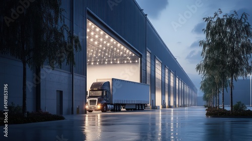 Nighttime truck delivery, warehouse loading, rain, exterior