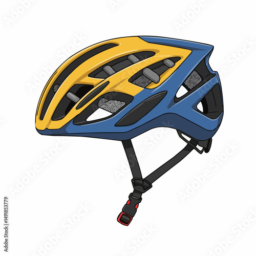 Close-up of blue and yellow athletic helmet with vents and grey supports. Isolated