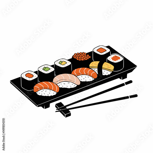 Assorted sushi rolls and nigiri fill a black plate against white background