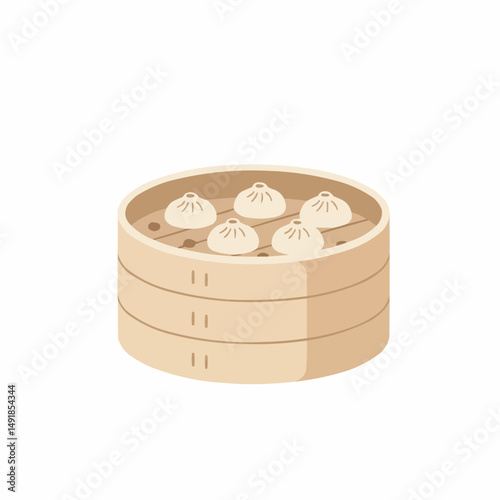Round buns in a bamboo basket, beige and white, side view with blank top