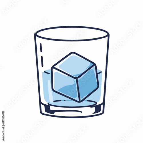 Glass with ice cube in minimalist style, isolated over white background