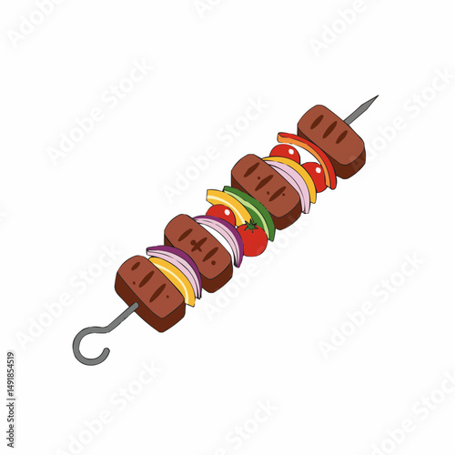 Cartoon illustration of a skewer with meat, tomatoes, peppers, and onions