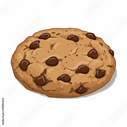 A tan cookie dotted with dark chocolate chips on a white background