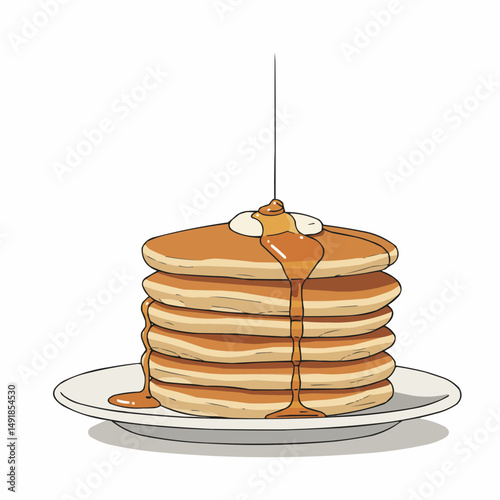 Pancakes topped with butter, dripping syrup on a white surface