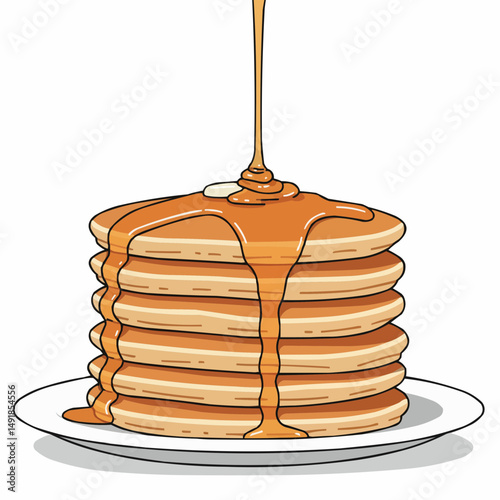 Maple syrup dripping down on a stack of freshly baked golden pancakes with butter