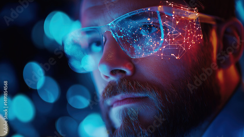 Businessman with VR glasses connecting to a global network while project manager uses