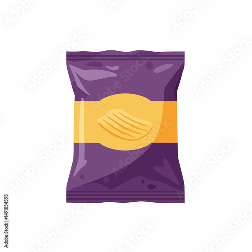 Half-view of a purple chip bag with a yellow label and stylized chips in the lower portion