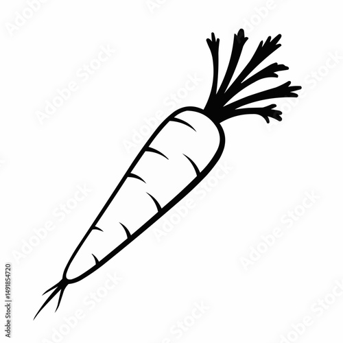 Black-and-white image of a cartoon carrot with dark green stems in the corner