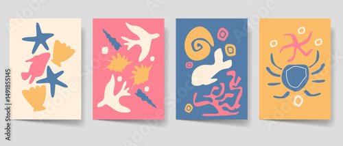 Vintage summer poster set, Ocean animal flyer bohemian style for print. Beach poster template bundle. Mid century graphic collection