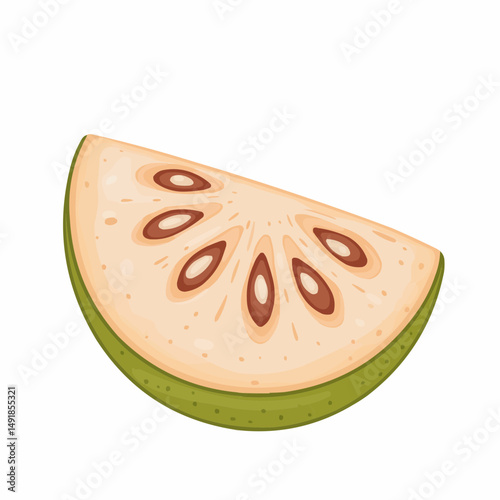 Cross section of a tropical fruit with dark seeds and beige pulp, viewed from below