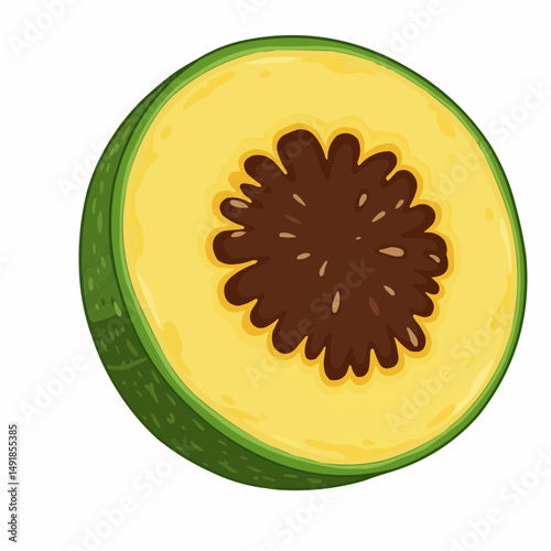 A cut fruit reveals yellow flesh, brown seeds, & green rind on a white background