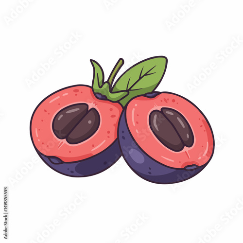 Cartoon image of two sliced open pink colored tropical fruits with green leaves