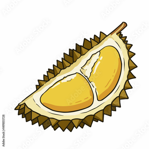 Spiky fruit with yellow pulp,brown thorns, light yellow flesh, and outlined edges