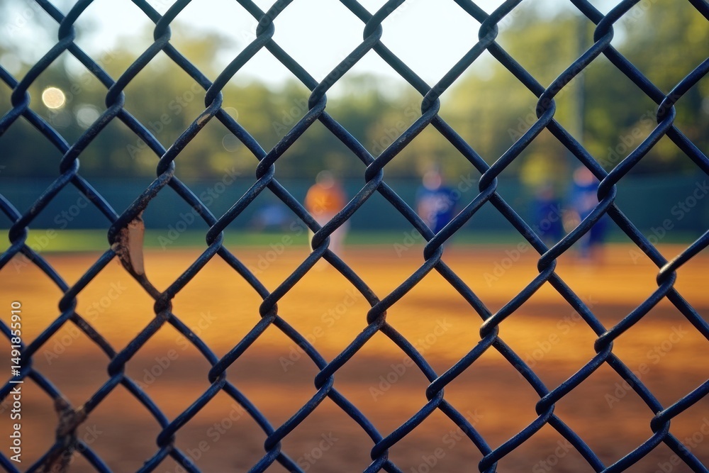 Naklejka premium Close-up of a metal chain-link fence with a blurred softball field and players in the background during a sunny day