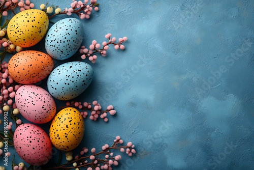 Pastel easter eggs spring flowers festive background