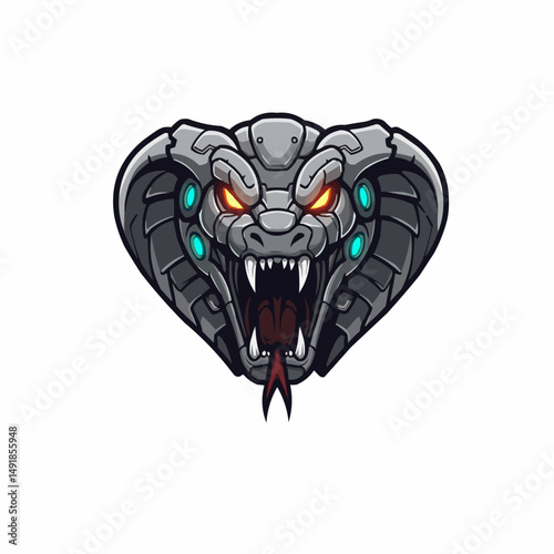 Cybernetic cobra with glowing eyes and metallic scales on a white background