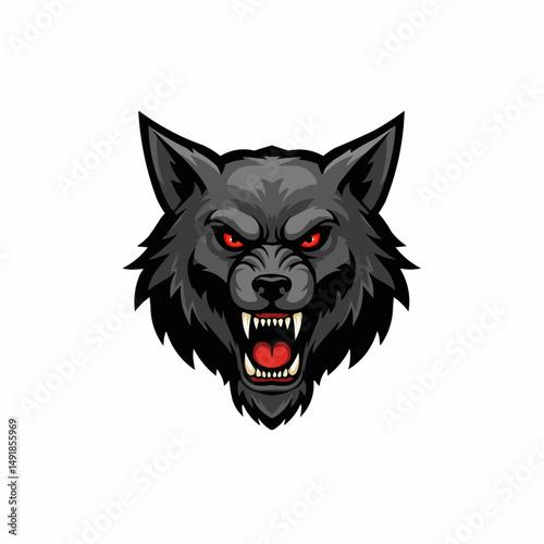 Detailed illustration of a wolf's head in gray, with piercing red eyes, against white background