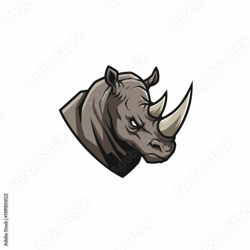 A stylized gray rhinoceros head with a powerful horn, half obscured on white