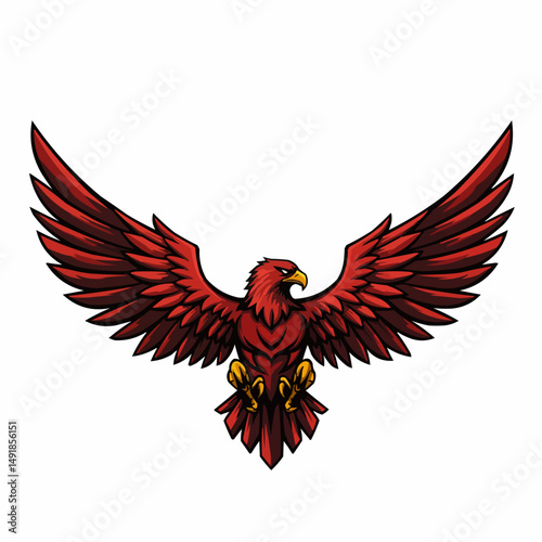 Illustrated red bird of prey in a vector graphic, with wings spread out