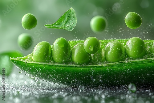 Fresh green peas leaping from pod water droplets